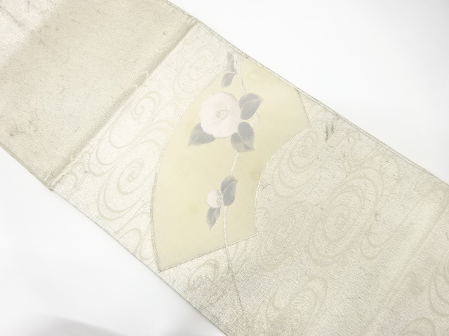 JAPANESE KIMONO / ANTIQUE FUKURO OBI / SILK / WOVEN JIGAMI & CAMELLIA